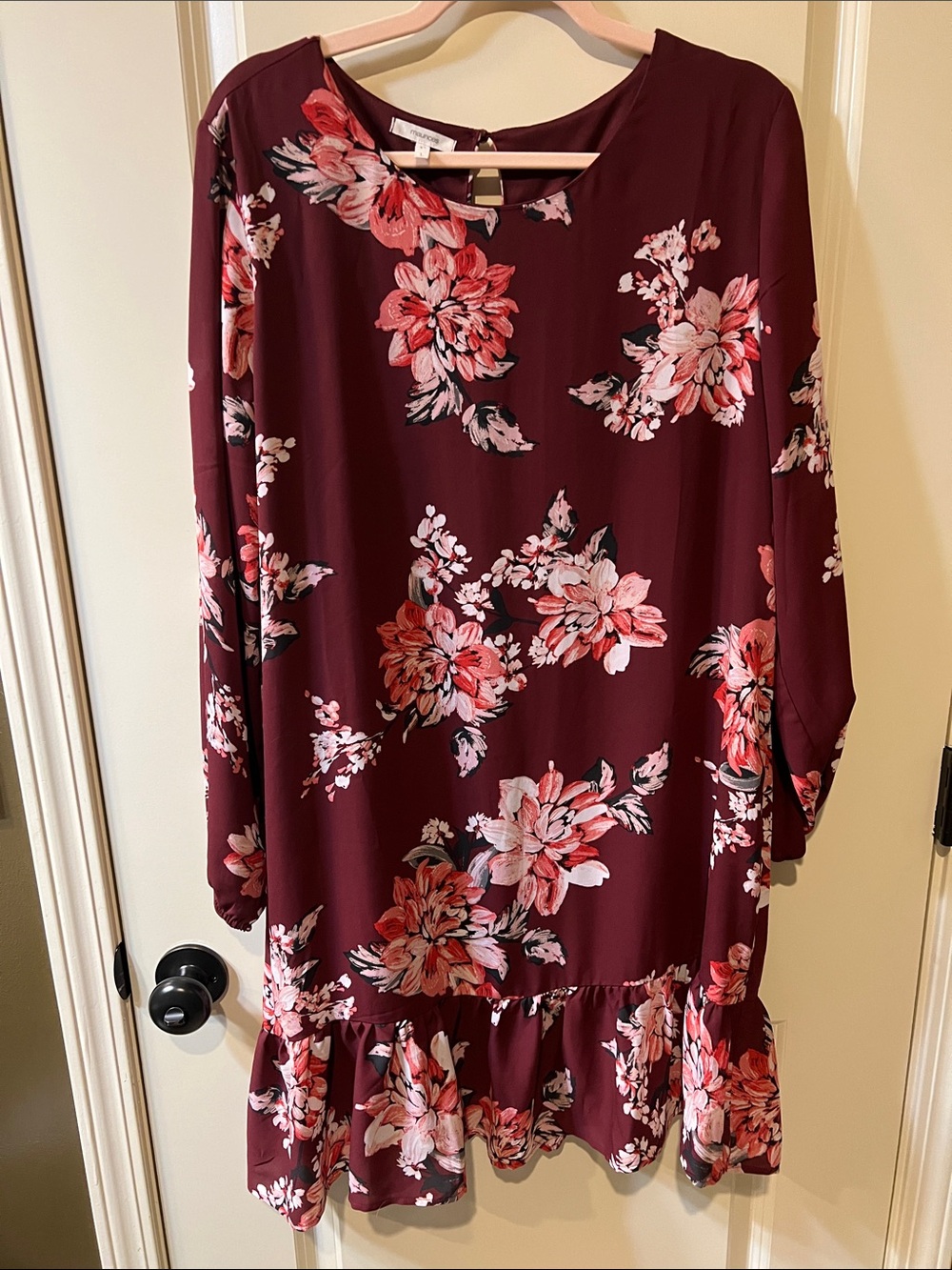 Maurices Burgundy Floral Long Sleeve Ruffle-Hem shift Dress size L